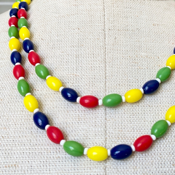 Long Antique Art Deco Czech Harlequin Multicolour Glass Flapper Necklace 40” - Picture 3 of 5